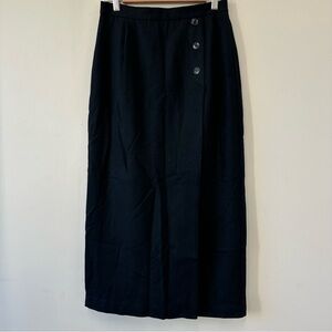 Norton McNaughton 100% Wool Black Faux Wrap Maxi Skirt with Button Accents